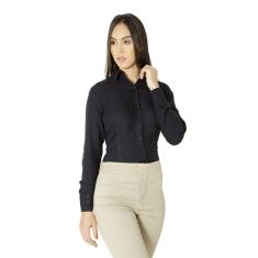 Camisa Social Feminina Ixória Manga Longa Preta Slim Viscose