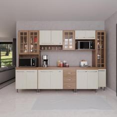 Armário de Cozinha Modulada Completa Fidelitá Paris 6 Peças 295cm 15 Portas 3 Gavetas Com Tampo Nogal/Salinas