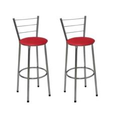 Kit 2 Banquetas Altas Cromada com Encosto Assento Vermelho - Jaddi