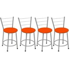 Kit 4 Banquetas Baixas Prata com Encosto Assento Laranja - Fortmix