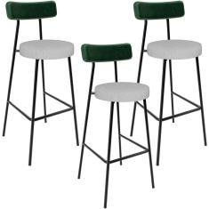 Kit 03 Banquetas Alta Bar Cozinha Sala De Jantar Milão L02 Facto Verde Musgo Linho Cinza - Lyam Decor