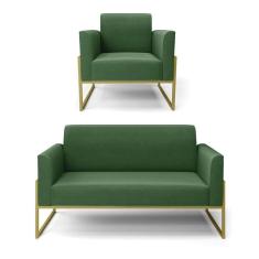 Sofá Namoradeira Com Poltrona Base Industrial Alta Dourado Marisa Suede D03 - D\`rossi Cor Verde