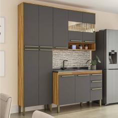 Cozinha Compacta Modulada 3 Peças 10 Portas e 2 Gavetas com Vidro sem Tampo Itália Espresso Móveis Amêndoa/Cinza