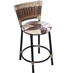 Banqueta Baixa Preta com Encosto Junco Capuccino Assento Floral Marrom