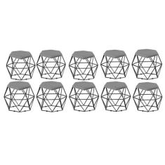 Kit 10 Puff Banqueta Aramado Mila Base Preta Hexágono Suede Cinza - DA