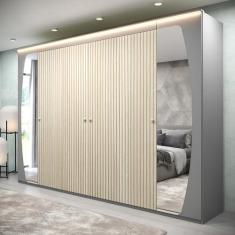 Guarda Roupa Casal com Efeito Ripado, Espelho e LED 6 Portas 6 Gavetas