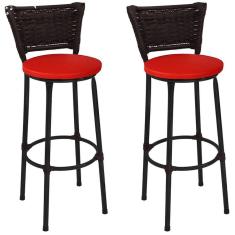 Kit 2 Banquetas Altas Preta com Encosto Junco Argila Assento Vermelho