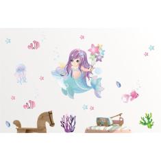 Adesivo De Parede Sereia E Golfinho Frutos Do Mar Peixes