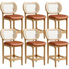 Kit 6 Banquetas Baixa Bar Cozinha Sala De Jantar Betta L02 Tela Couríssimo Camel - Lyam Decor