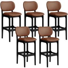 Kit 05 Banquetas Alta Para Cozinha Madeira Fixa Betta L02 Preto Couríssimo Marrom - Lyam Decor