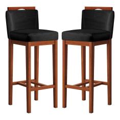 Kit 2 Banquetas Média Estofadas com Encosto 38x92 Cm Líbia Madeira Maciça Suede Preto CCS