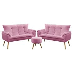 Kit 2 Poltronas Namoradeiras Decorativas Estofadas Para Sala De Estar Beta e Puff Solar Sued Rosê Aradecor