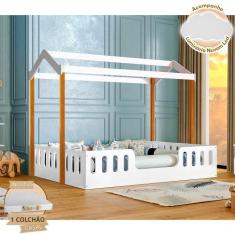 Cama Casal Casinha Montessoriana Ágatha com Colchão D28 - Branco/mel I