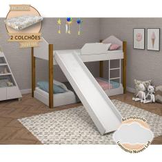 Beliche Infantil Luiza Com Colchões Juvenil + Escorregador E Luminária Led - Branca/Amêndoa - Branco