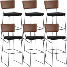 Kit 06 Banqueta Alta Cozinha Sala Jantar Allana L02 Couríssimo Marrom Linho Chumbo - Lyam Decor