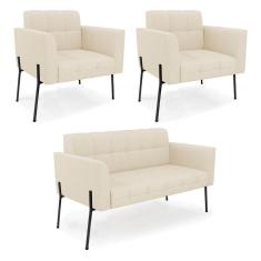 Sofá Namoradeira E 2 Poltronas Pé De Ferro Preto Elisa Linho D03 - D`rossi Cor A19 Bege