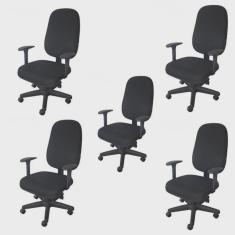 Kit 5 Unidades Cadeira Escritório Secretária Giratória com Braço Regulável em Couro