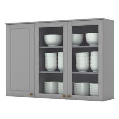 Armário Aéreo 3 Portas com Vidro 120 cm Americana Cinza - Henn