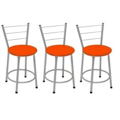 Kit 3 Banquetas Baixas Prata com Encosto Assento Laranja