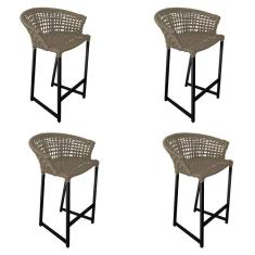 Kit 4 Banquetas Reis Em Corda Náutica E Base Em Alumínio Preta Para área Gourmet Externa Rami Bege