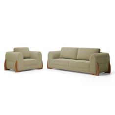 Kit Poltrona e Sofá Bloom 220cm 03 Lugares com Pés de Madeira Bouclê B