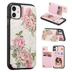UEEBAI Capa carteira para iPhone 11 de 6,1 polegadas com porta-cartões, capa de couro PU com suporte e bloqueio de RFID, fecho magnético duplo, flor Rilievo, capa flip à prova de choque para mulheres
