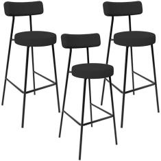 Kit 03 Banquetas Altas Cozinha Bar Sala De Jantar Em Aço Milão L02 Bouclê Preto