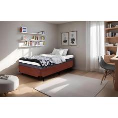 Cama Box Serenelife em Madeira de Eucalipto, Suede Marrom, Solteiro