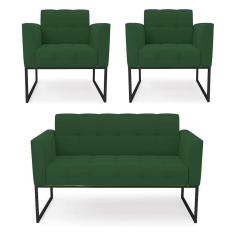 Kit 1 Sofá Namoradeira E 2 Poltronas Elisa Veludo Base Metálica Industrial Preto - D`rossi Cor Verde