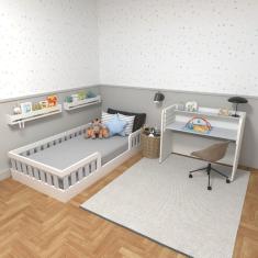 Conjunto Infantil de Cama Montessoriana e Escrivaninha com Regulagem de Altura Branco/Cinza Cristal