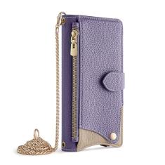 HAO RIYLN Capa carteira para Samsung Galaxy S24 Ultra/S24 Plus/S24, capa de telefone flip de couro elegante com compartimento para cartão com zíper espelho corrente de metal capa à prova de choque,