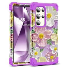 SleekCover Capa para Galaxy S24 Ultra, 3 em 1, pintura a óleo, padrão floral, resistente, proteção à prova de choque, amortecedor de borracha de silicone macio + capa protetora de plástico rígido para