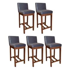 Kit 5 Banquetas Média Lisboa Estofada 90 Cm Madeira Maciça Suede Cinza