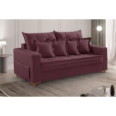 Sofá 3 Lugares Beny 200cm Com Almofadas E Pés De Madeira Bordô