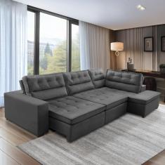 Sofá de Canto Retrátil e Reclinável com Molas 3,40x2,00 Virginia Suede Cinza Adonai Estofados