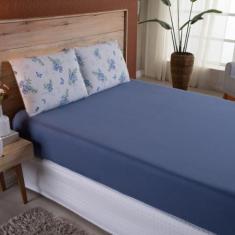Lençol Casal Malha fio Penteado Algodão 3 Peças - Azul - 100% Algodão 