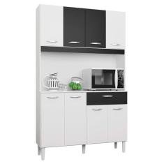 Armário p/ Cozinha 106x172cm c/ 8 Portas e 1 Gaveta - Poquema Kit Cassia Branco/Preto
