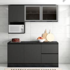Cozinha Modulada Completa 5 Peças 5 Portas 3 Gavetas com Portas Vidro Fumê Etna Poliman Móveis Grafite