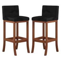 Kit 2 Banquetas Alta Encosto Estofado 38x100 Cm Espanha Madeira Maciça Castanho Suede Preto CCS