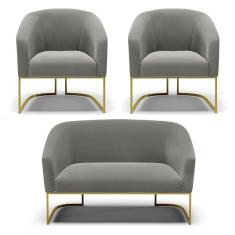 Namoradeira E 2 Poltronas Base Industrial Dourado Stella Suede Grafite D03 - D`rossi