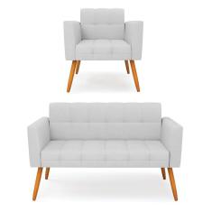 Kit 1 Sofá Namoradeira E 1 Poltrona Elisa Linho Cinza A05 Pés Palito Castanho - D`rossi