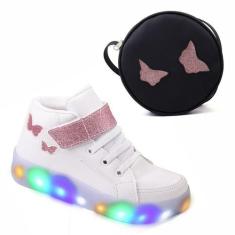 Tenis Infantil Feminino Botinha De Led Calce Facil Glitter + Bolsa - K