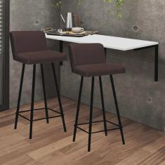 Kit Mesa Suspensa de Parede Fixa mdf Branco + 2 Banquetas Lexi Ferro Preto Sintético Marrom - Ahazzo Móveis