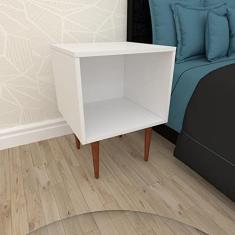 Mesa de Cabeceira moderna em mdf branco com 4 pés retos em madeira maciça cor mogno