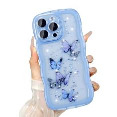 UEEBAI Capa Wave para iPhone 14 Pro, linda capa brilhante com glitter para mulheres, linda capa de telefone brilhante para meninas, capa transparente com borboleta, ondulada, à prova de choque, capa