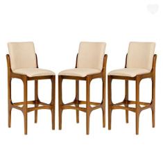 Kit 3 Banquetas Alta com Encosto Lisboa Madeira Imbuia Linho Bege M58 