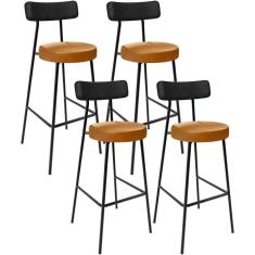 Kit 4 Banquetas Alta Milão L02 Moderno Aço Assento Estofado Preto Whisky Lyam Decor