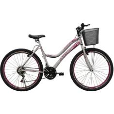 Bicicleta Aro 26 Mtb 18 Marchas Musa Feminina Com Cestão Branca/Rosa