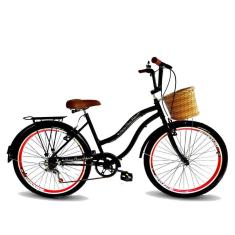 Bicicleta aro 26 vintage retrô cesta tipo vime 6 marchas pto