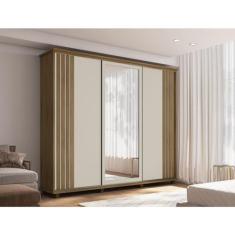 Guarda Roupa Casal com Espelho 3 Portas de Correr 4 Gavetas Espanha Cinamomo/off White